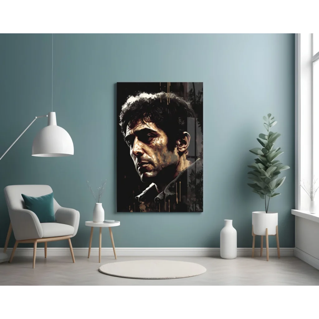 Scarface Tony Montana black-gold glass wall art portrait on teal wall