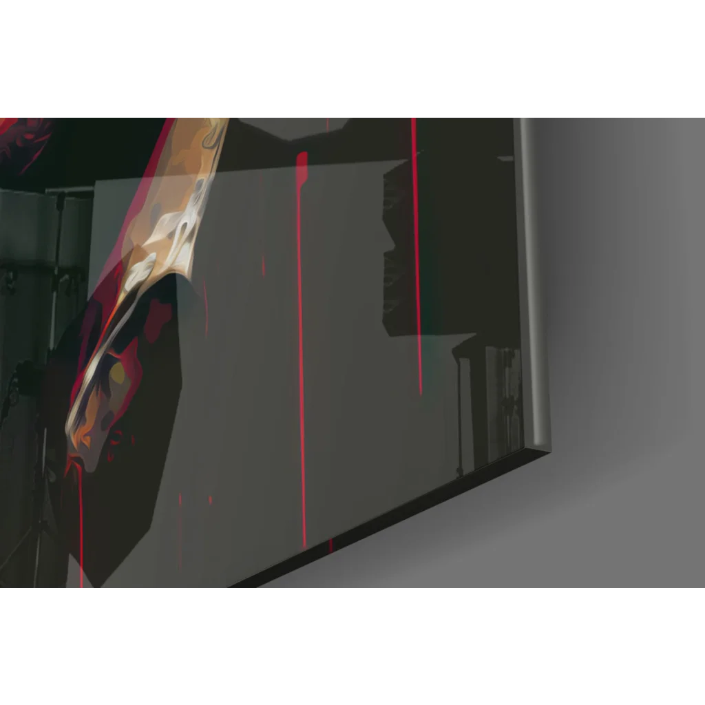 Sleek dark gray glass wall art with red liquid streaks