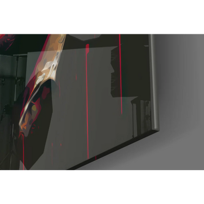 Sleek dark gray glass wall art with red liquid streaks