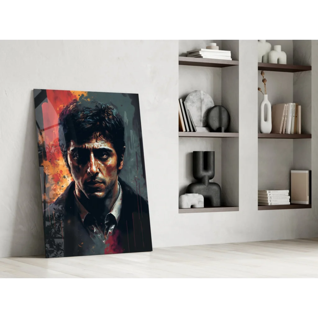 Stylized Al Pacino Godfather glass wall art in bold reds and dark tones