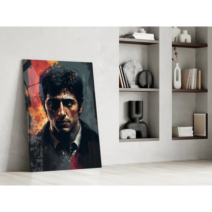 Stylized Al Pacino Godfather glass wall art in bold reds and dark tones