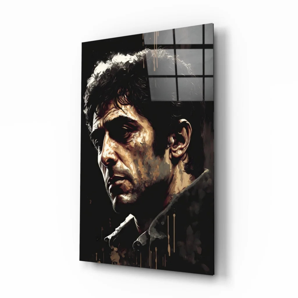 Black and gold glass wall art portrait of Al Pacino as Tony Montana from Scarface