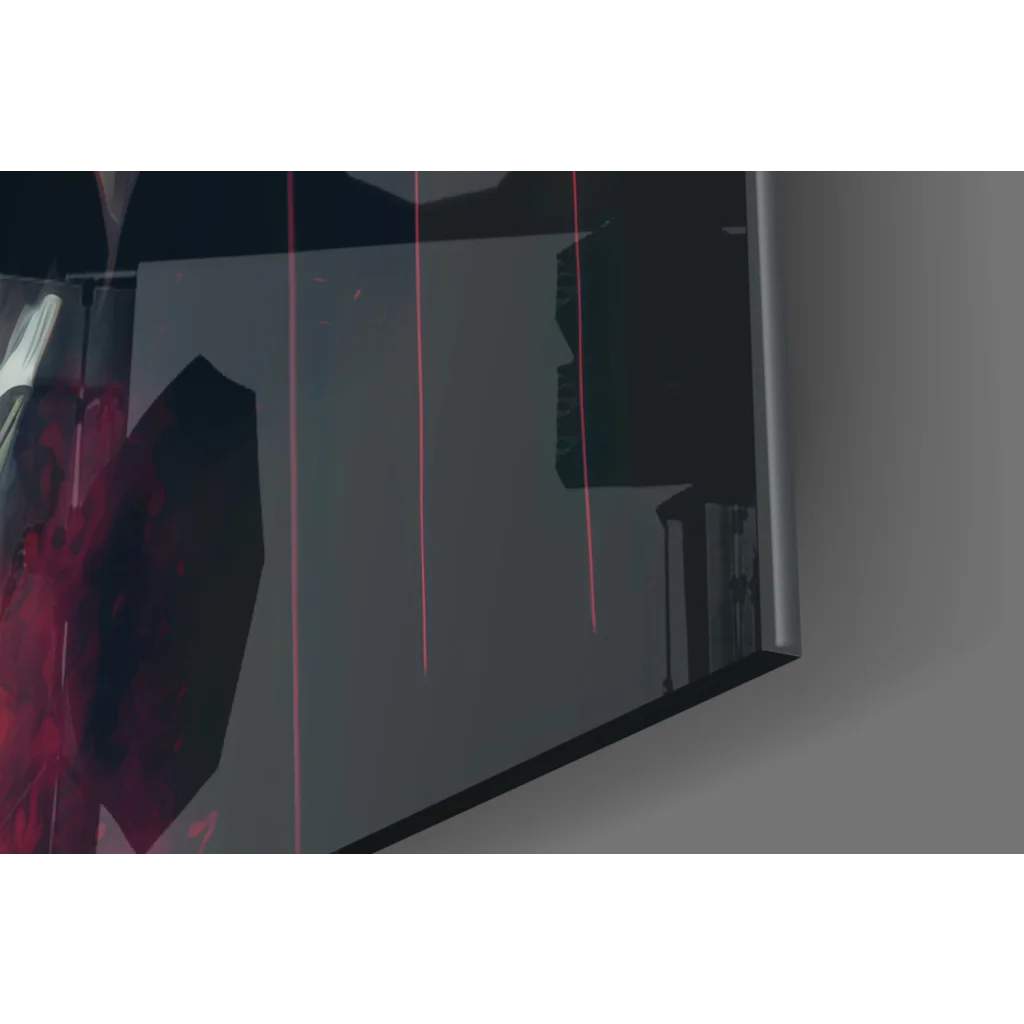Sleek dark gray glass wall art monitor with silver bezel and red laser lines