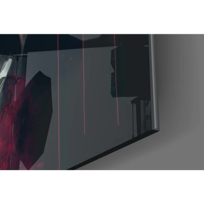 Sleek dark gray glass wall art monitor with silver bezel and red laser lines