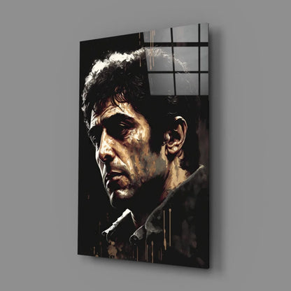 Striking Scarface Tony Montana black-and-gold glass wall art portrait