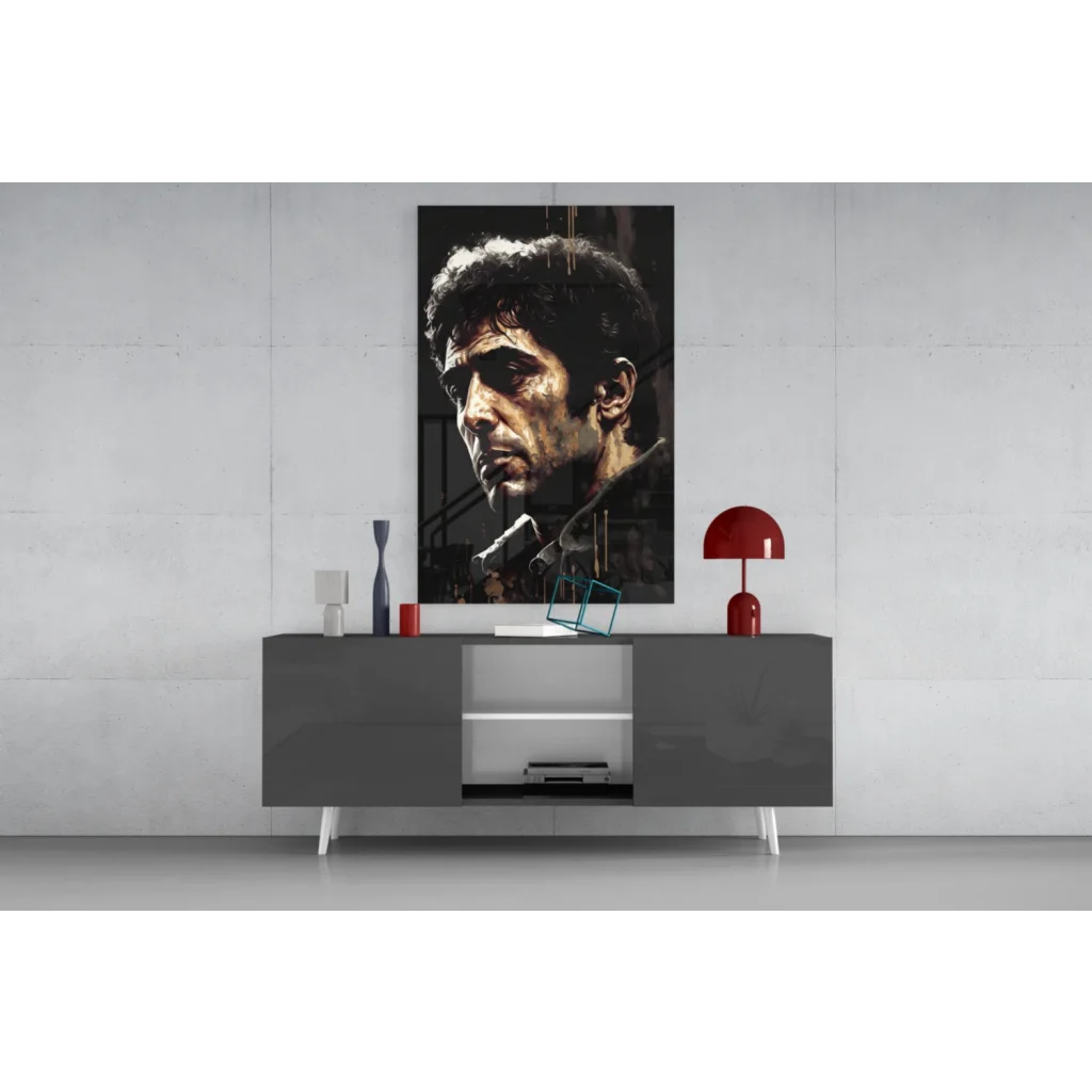 Striking Scarface Tony Montana glass wall art portrait in black and gold