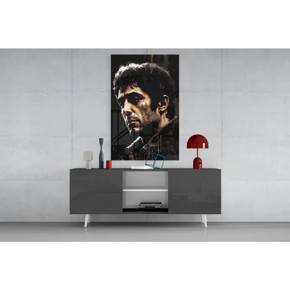 Striking Scarface Tony Montana glass wall art portrait in black and gold