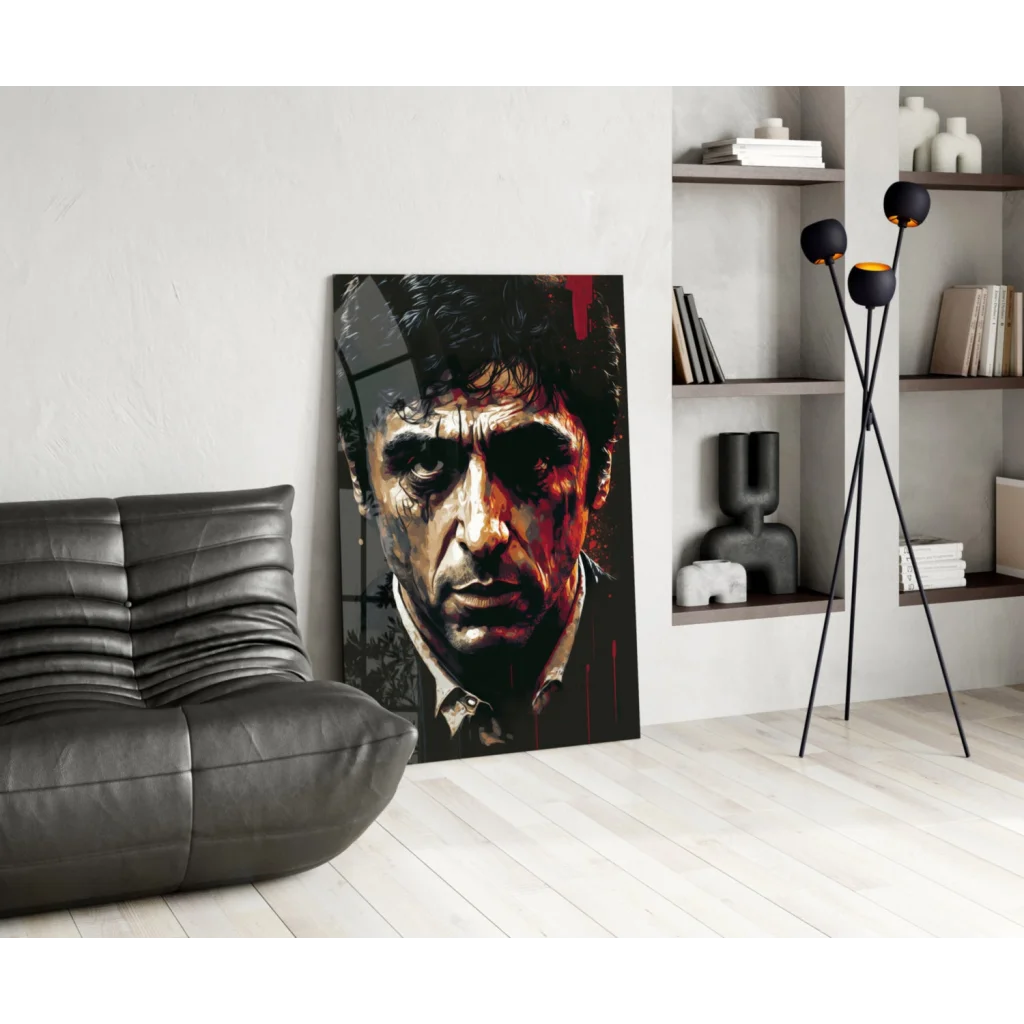 Striking black-and-red glass wall art portrait with bold brushstrokes