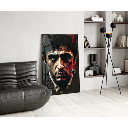 Striking black-and-red glass wall art portrait with bold brushstrokes
