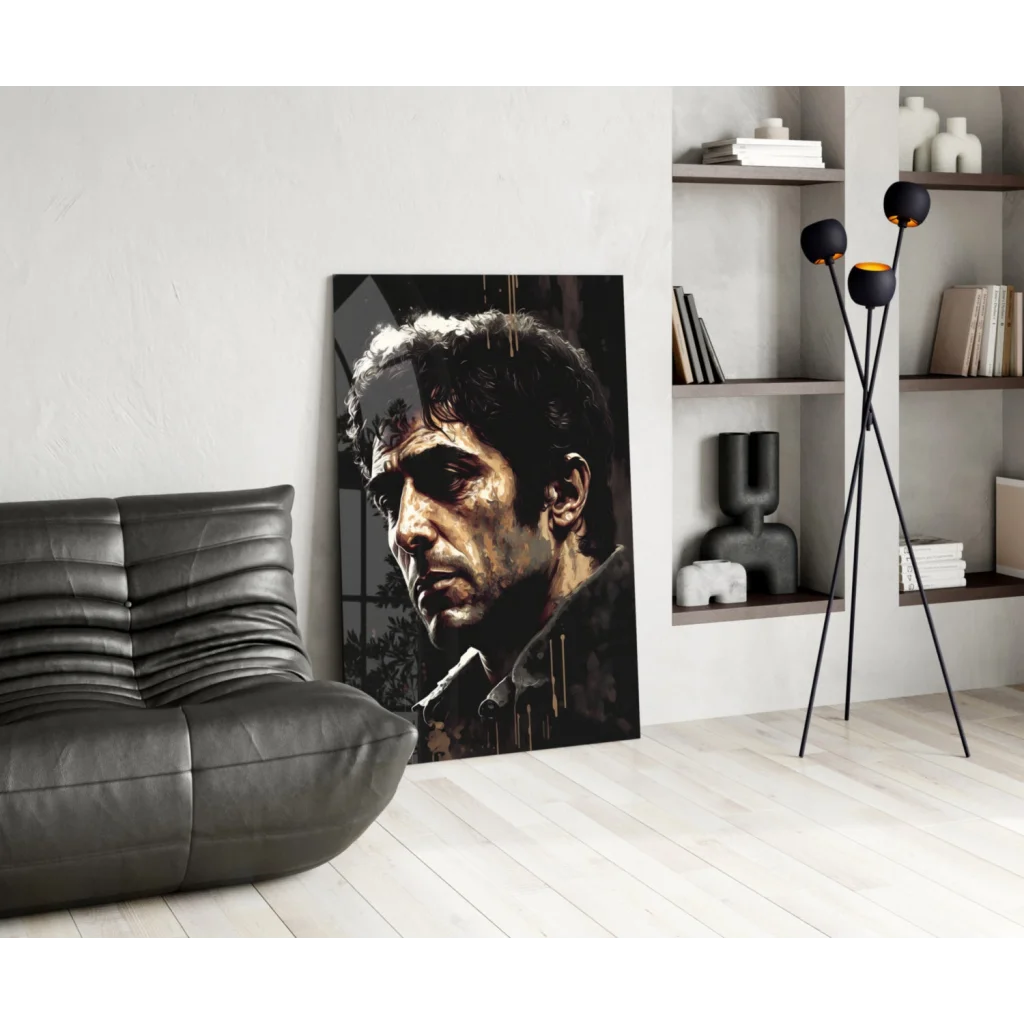 Stylized Al Pacino Scarface portrait glass wall art in black and gold
