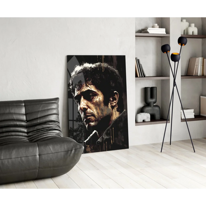 Stylized Al Pacino Scarface portrait glass wall art in black and gold
