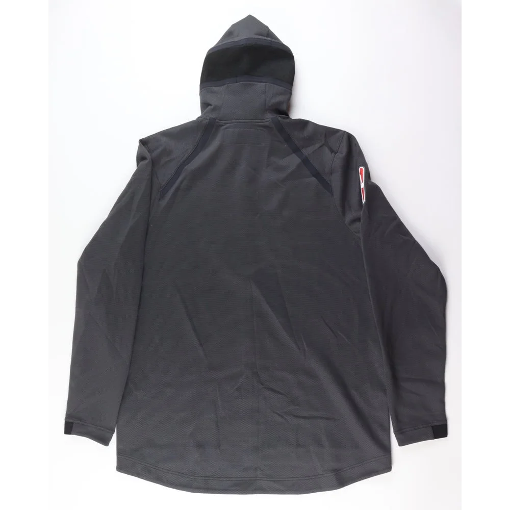 Alan Williams game-used warm-up jacket with dark gray hood and emblem on sleeve