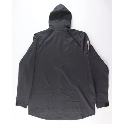 Alan Williams game-used warm-up jacket with dark gray hood and emblem on sleeve