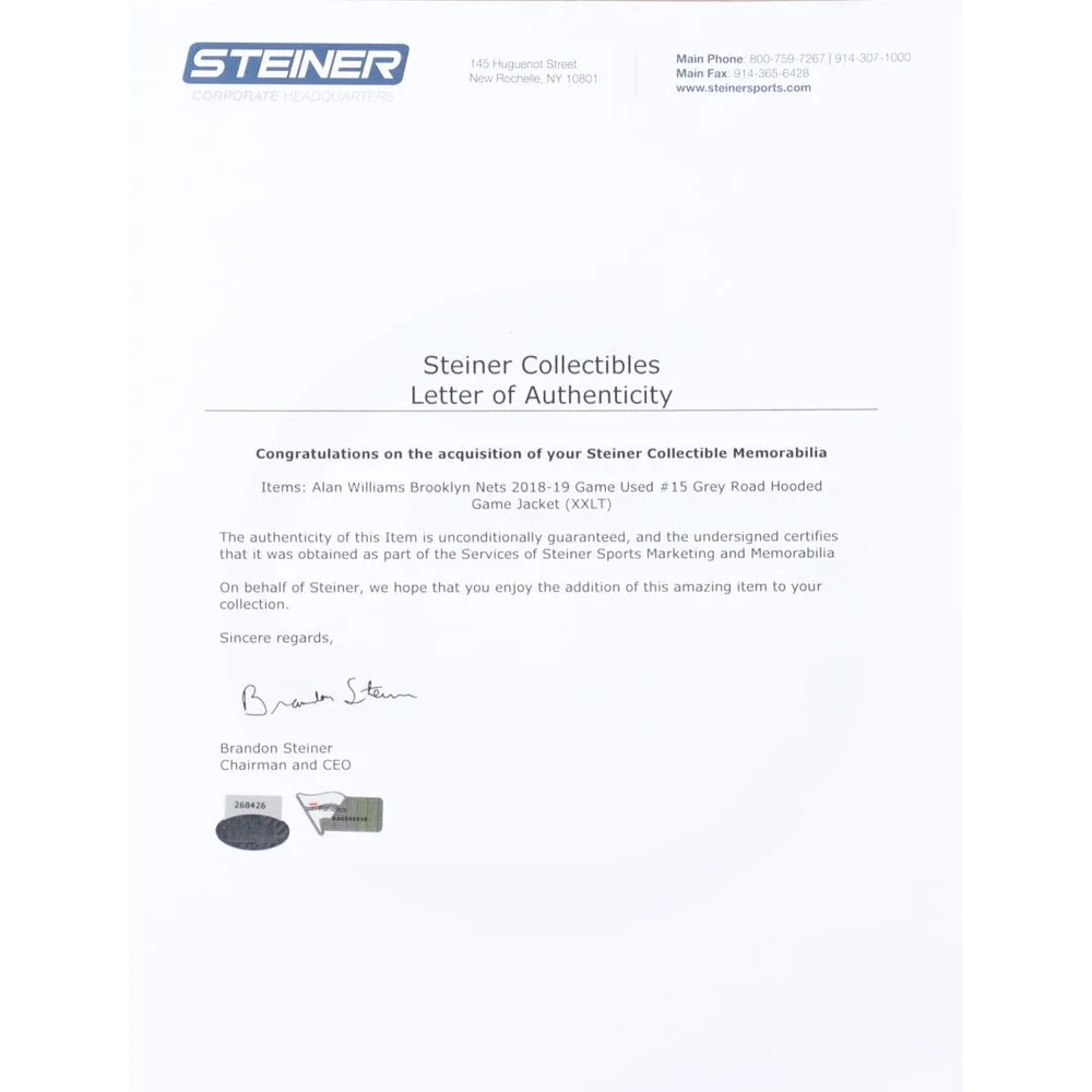 Letter of Authenticity from Steiner Collectibles for Alan Williams game-used Brooklyn Nets warm-up jacket