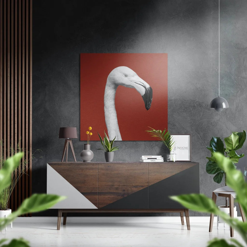 Striking red flamingo on brushed aluminium dibond wall art panel