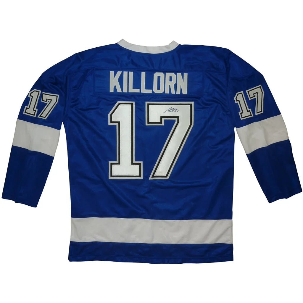 Back of Alex Killorn autographed Tampa Bay blue #17 jersey with Killorn 17