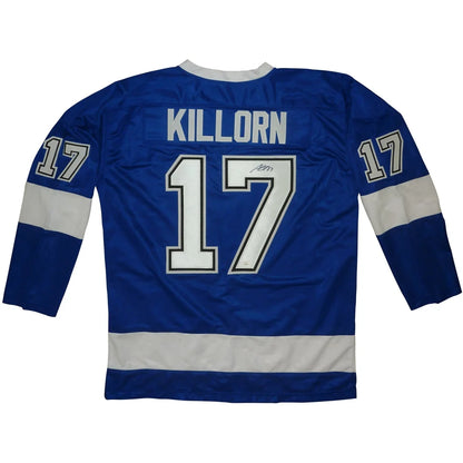 Back of Alex Killorn autographed Tampa Bay blue #17 jersey with Killorn 17