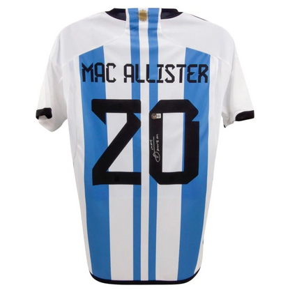 White and blue striped Alexis Mac Allister signed Argentina jersey for match day style