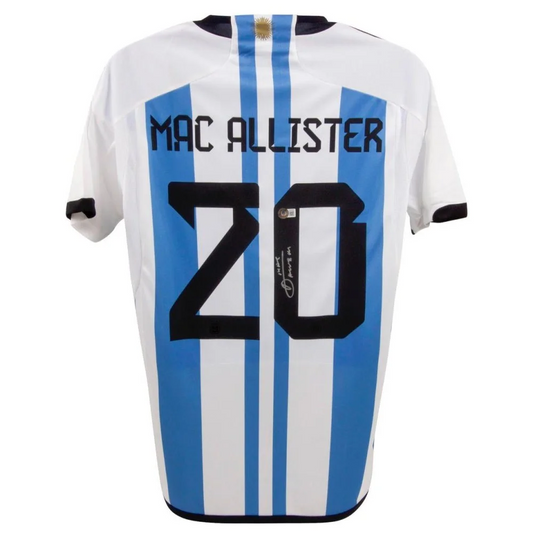 White and blue striped Alexis Mac Allister signed Argentina jersey for match day style