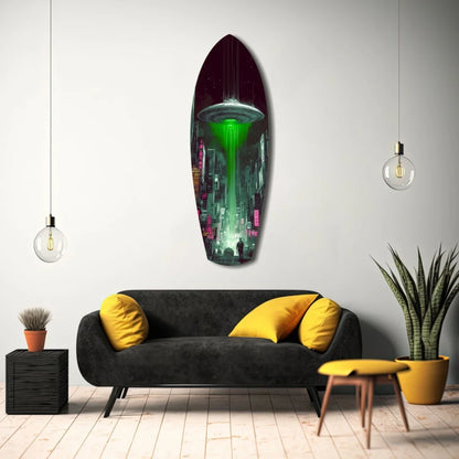 Sleek tempered glass art of glowing green UFO invading neon cityscape