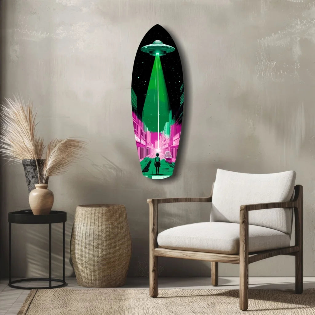 Vibrant neon UFO beam glass art on tempered surfboard for alien invade walls