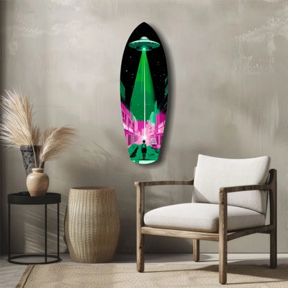 Vibrant neon UFO beam glass art on tempered surfboard for alien invade walls