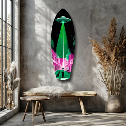 Vibrant neon UFO beam over futuristic city on tempered glass surfboard art