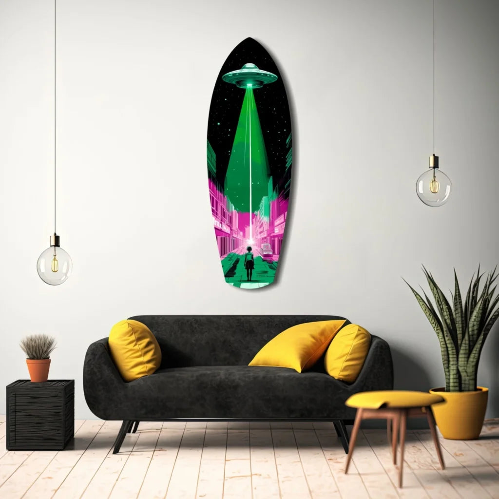 Vibrant neon UFO glass art on tempered surfboard for alien invade cityscape
