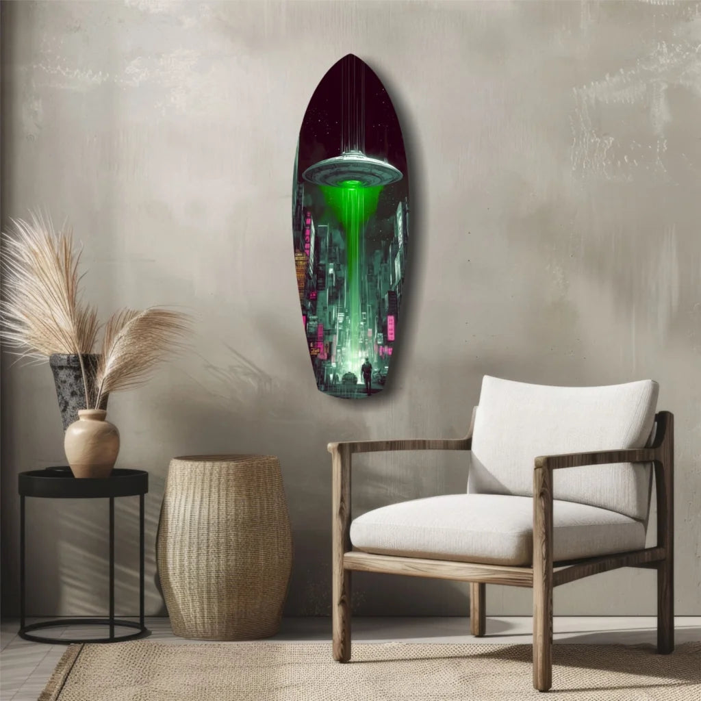 Sleek UFO cityscape tempered glass art on surfboard wall