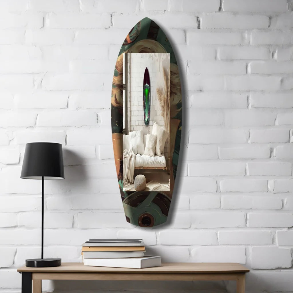 Neon UFO surfboard tempered glass art mirror with alien invade design