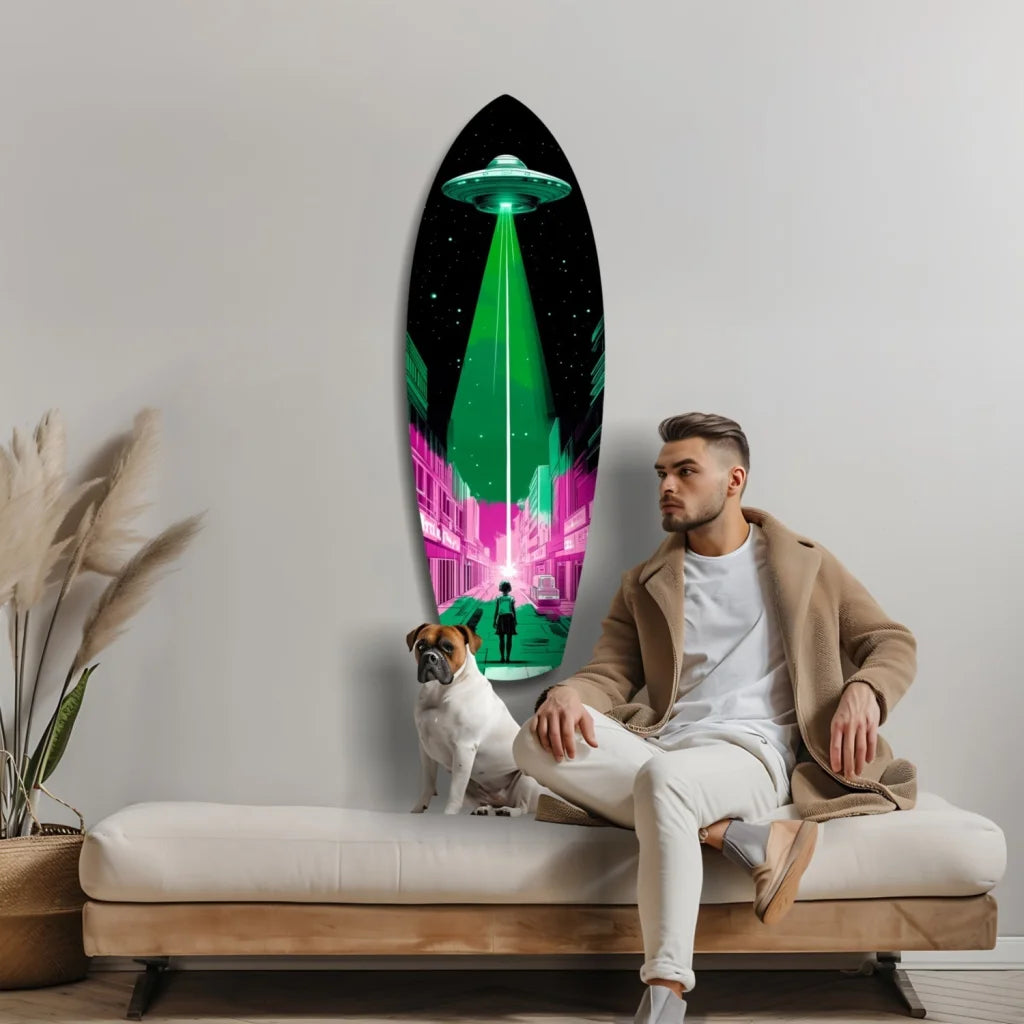 Vibrant neon UFO tempered glass art on pink cityscape