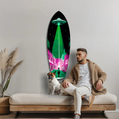 Vibrant neon UFO tempered glass art on pink cityscape