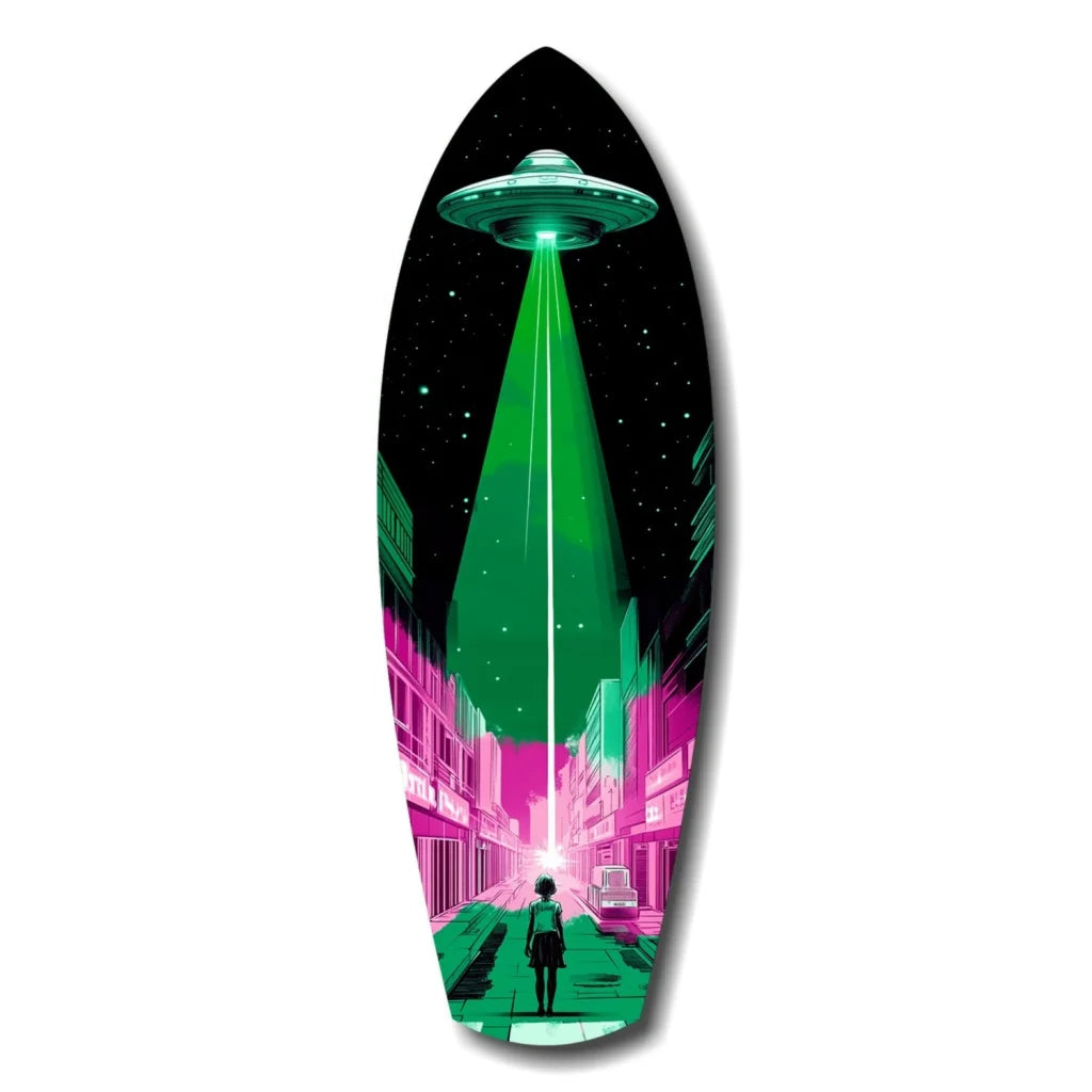 Vibrant neon UFO surfboard tempered glass art on wall