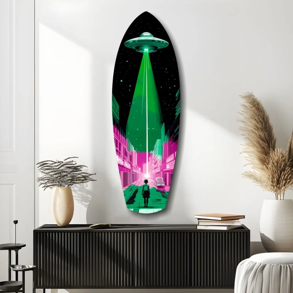 Vibrant neon UFO tempered glass art on surfboard wall hanging