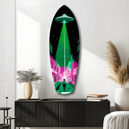 Vibrant neon UFO tempered glass art on surfboard wall hanging
