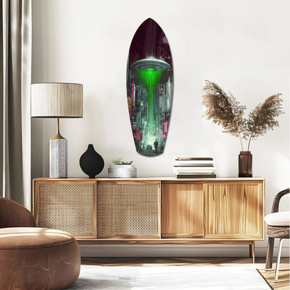 Sleek UFO cityscape tempered glass art with glowing green alien invade