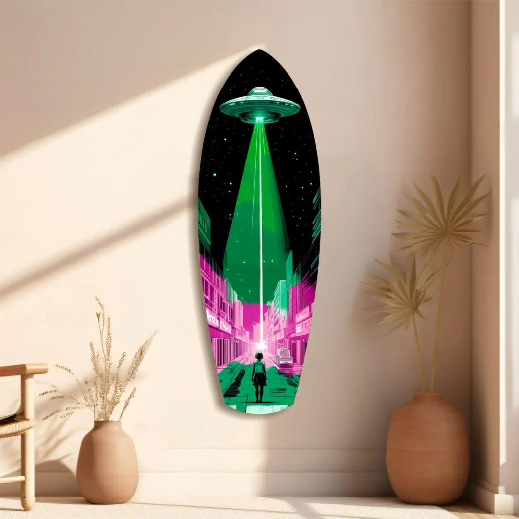 Neon UFO surfboard tempered glass art with alien invade beam on cityscape