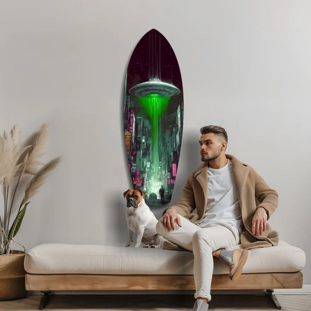 Sleek UFO hovering over neon city in tempered glass art