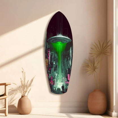 Sleek UFO cityscape tempered glass art with neon lights and alien invade vibe