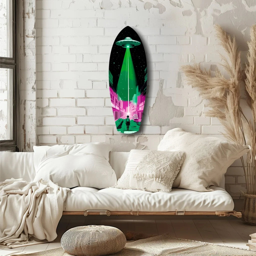 Neon UFO surfboard tempered glass art with glowing beam over pink teal cityscape