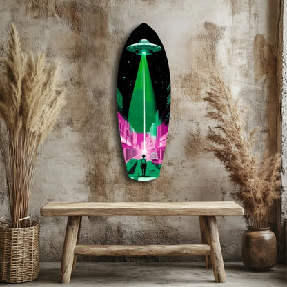 Vibrant neon UFO tempered glass art on rustic wall