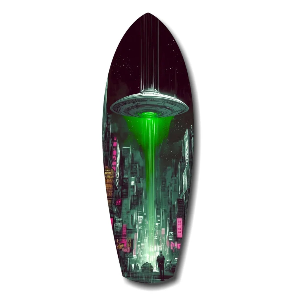 Sleek UFO cityscape tempered glass art with neon lights and hovering UFO