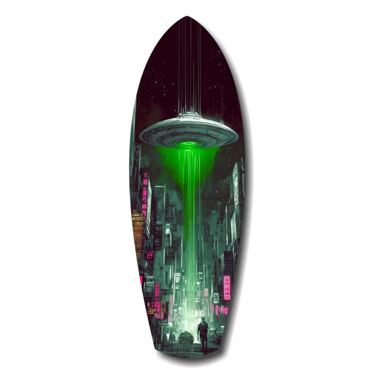 Sleek UFO cityscape tempered glass art with neon lights and hovering UFO