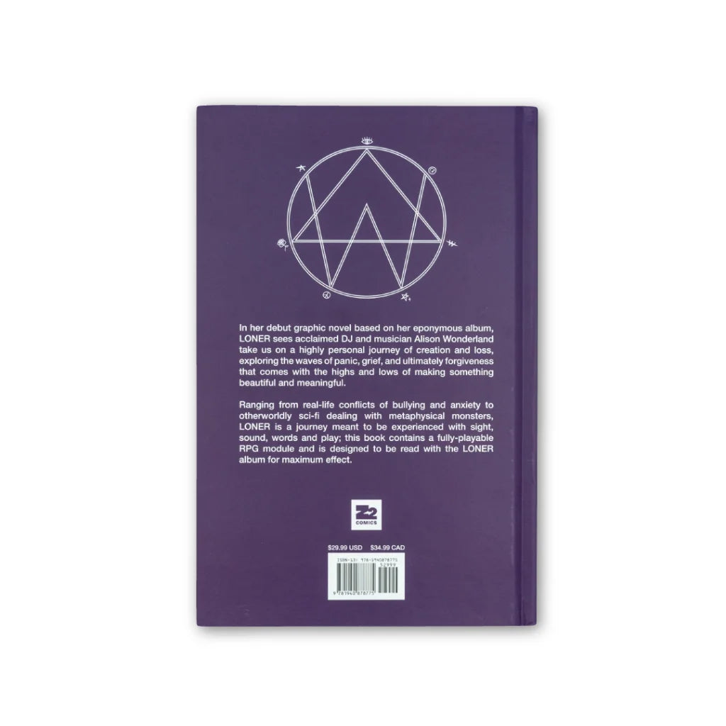 Purple graphic novel with geometric design from Alison Wonderland Loner series featuring Sridhar Reddy and Alex Heywood