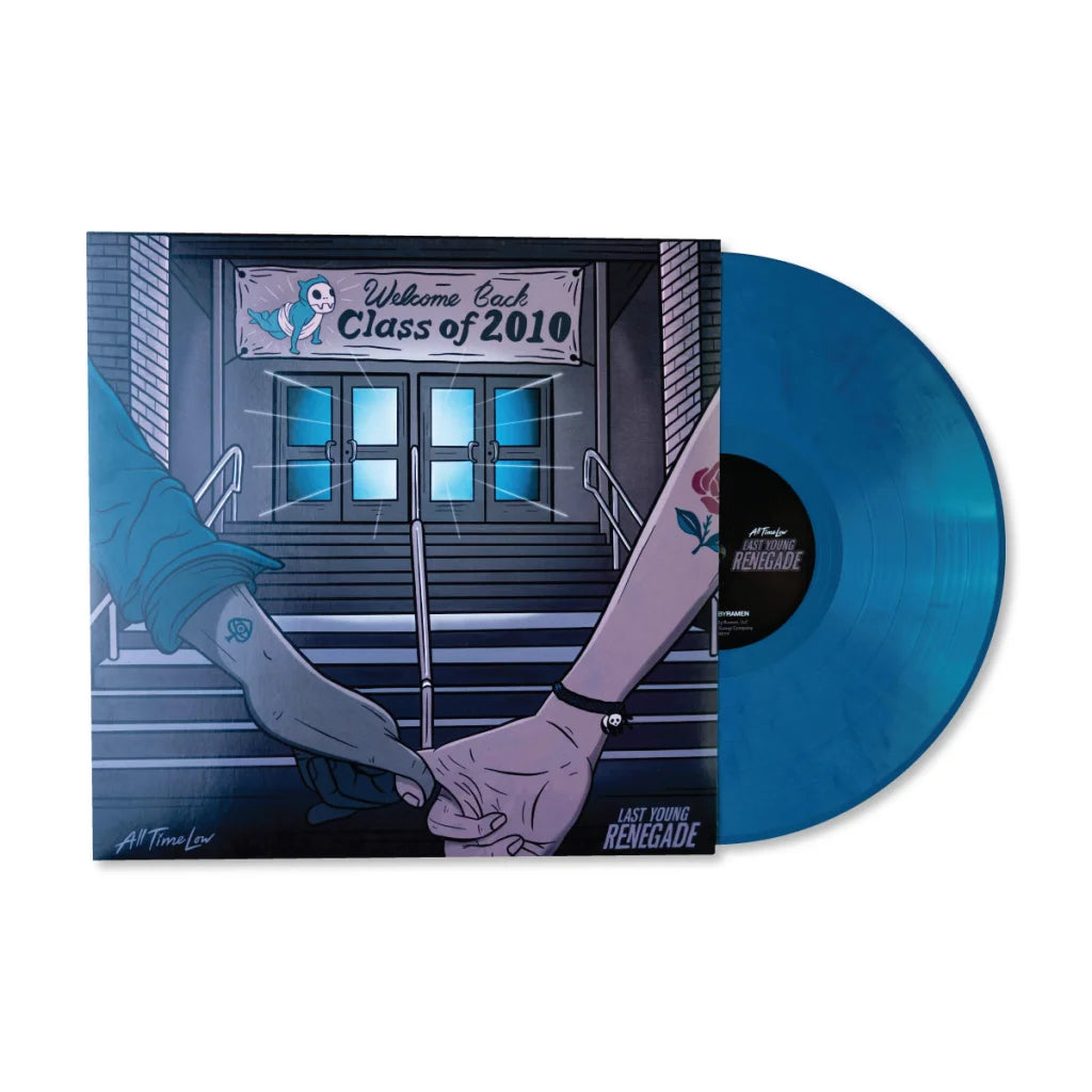 Blue vinyl record with colorful All Time Low Last Young Renegade album cover
