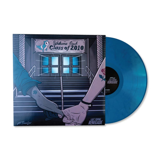 Blue vinyl record with colorful All Time Low Last Young Renegade album cover