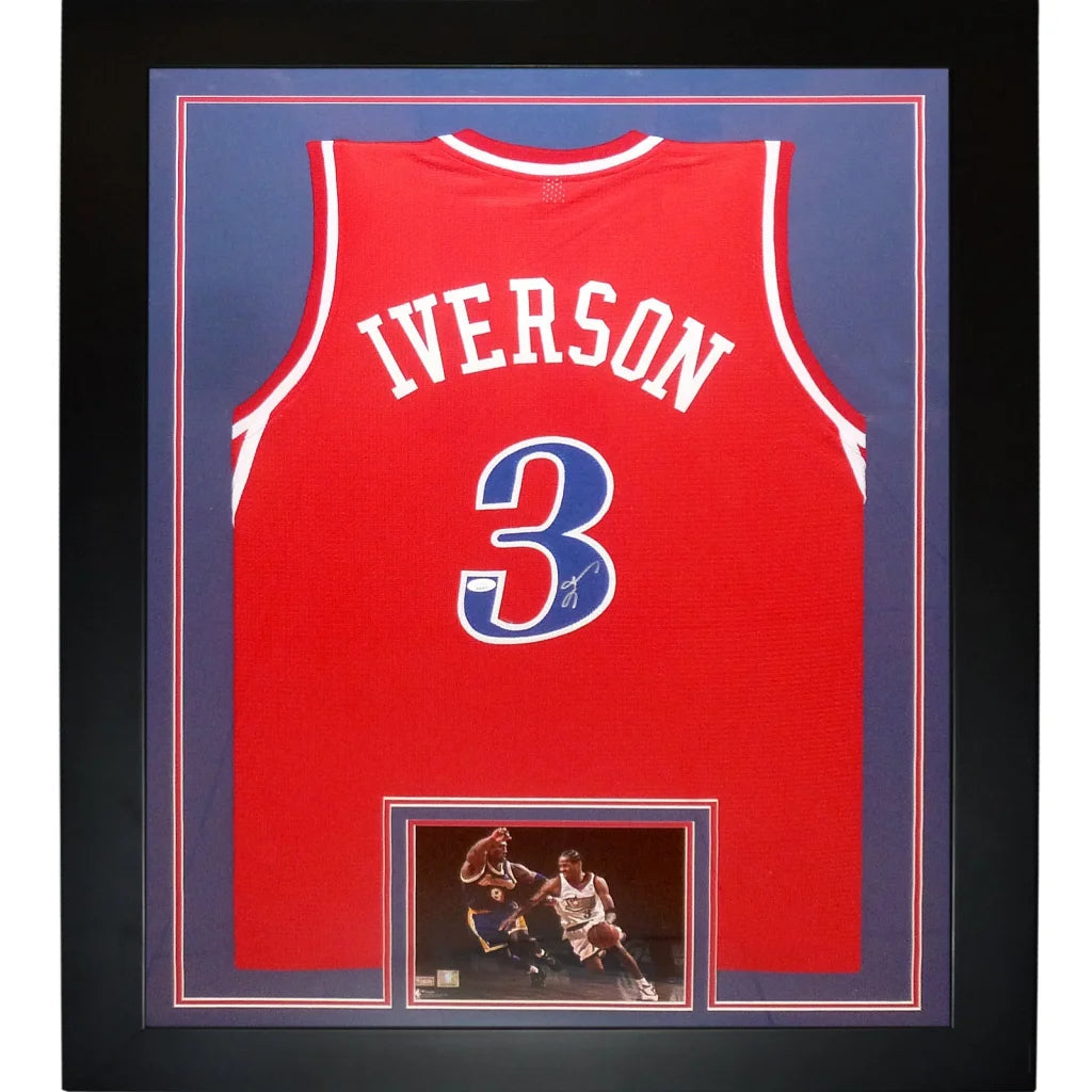 Allen Iverson autographed red #3 deluxe framed 76ers jersey