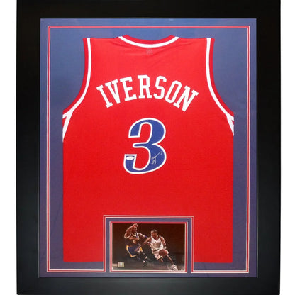 Allen Iverson autographed red #3 deluxe framed 76ers jersey