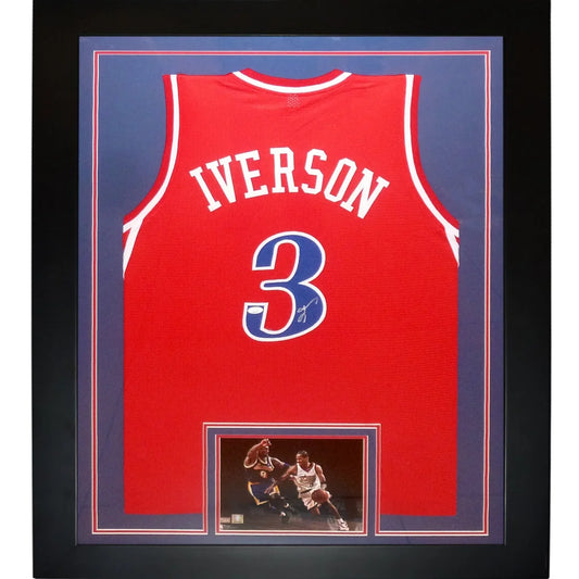 Allen Iverson autographed red #3 deluxe framed 76ers jersey