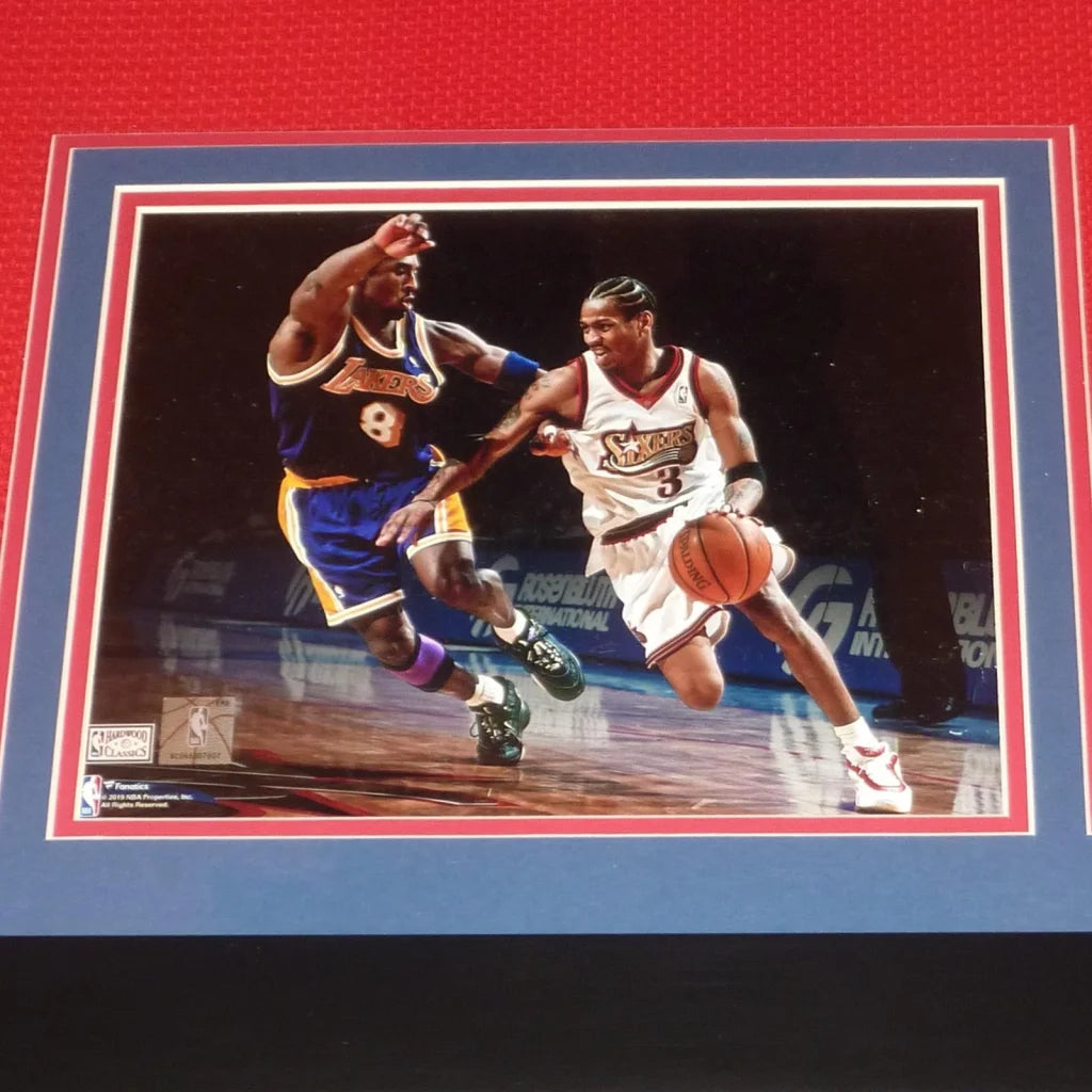 Allen Iverson autographed Philadelphia 76ers deluxe framed jersey with Lakers action photo